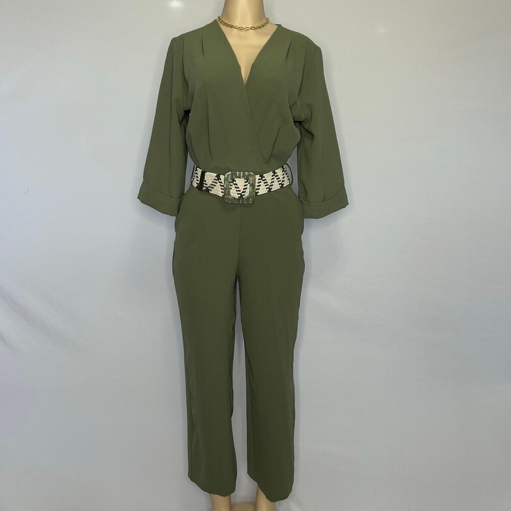 Zara Olive Green Belted Jumpsuit XS Cropped Wide Leg Utility Chic Boho